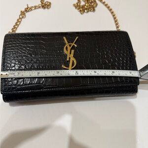 Yves Saint Laurent Black Croc-Embossed Wallet with added Gold Chain